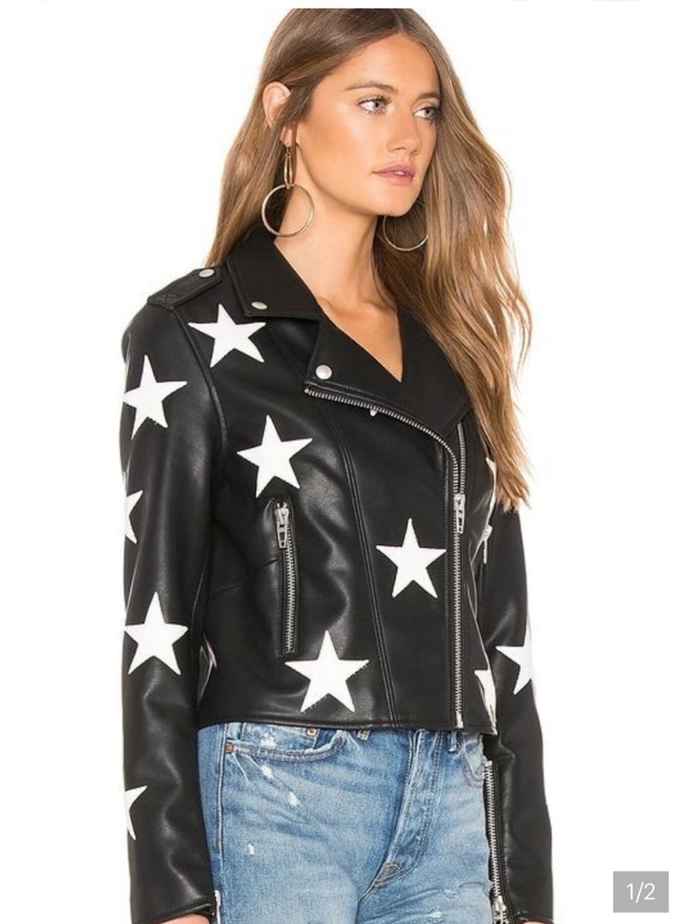 Blank NYC Black Faux Leather Star Moto Jacket with White Stars